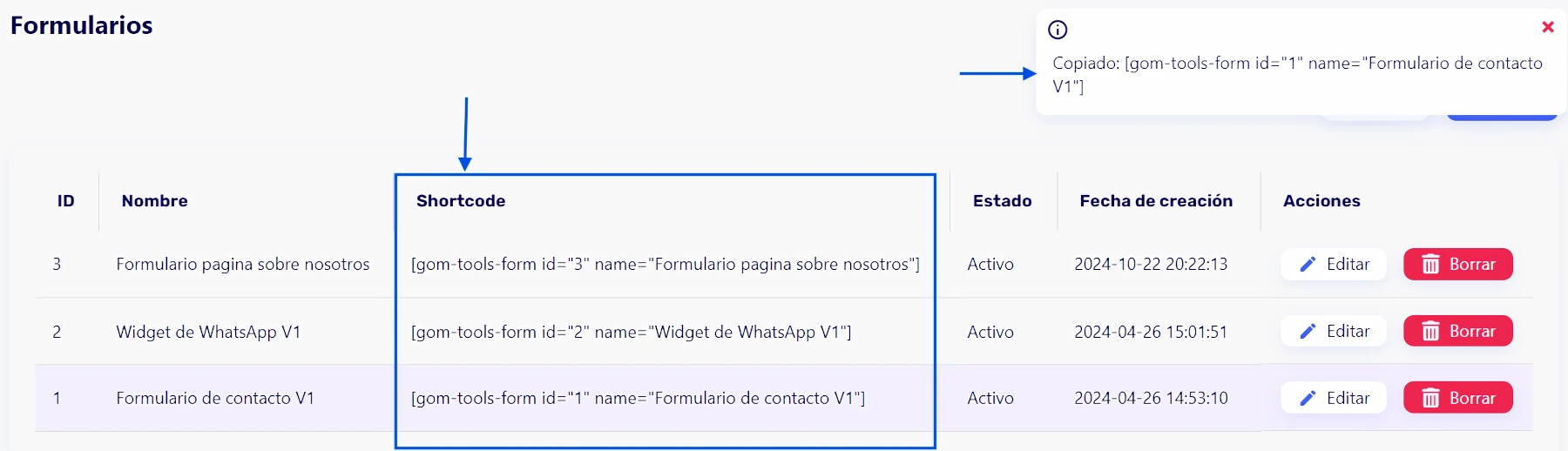 Copiar shortcode de los formularios