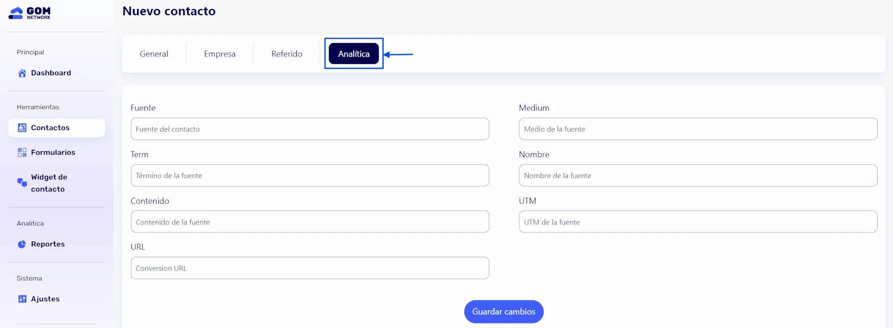 Nuevo contacto sección analítica