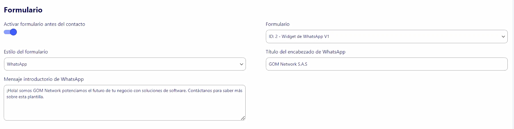 Widget de contacto GOM Tools WordPress segundo renglon whatsApp