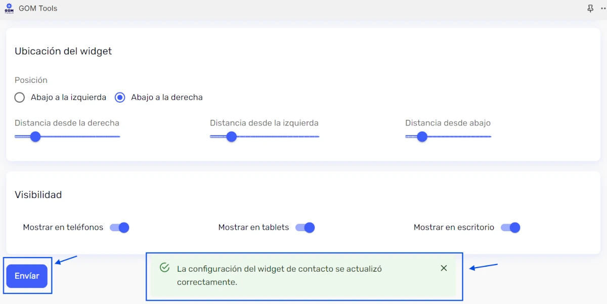 Botón de actualización y mensaje de confirmación